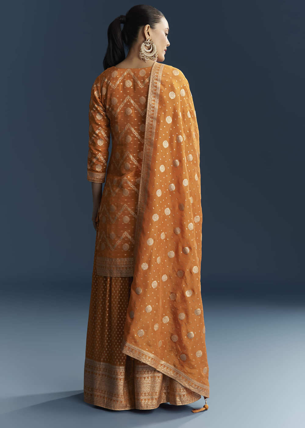 Orange Jacquard Palazzo Suit With Banarasi Jacquard Weave