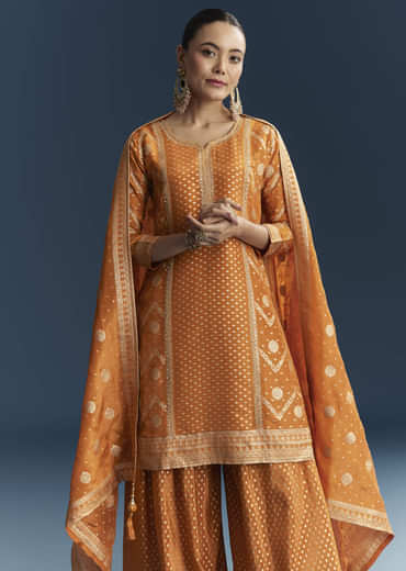 Orange Jacquard Palazzo Suit With Banarasi Jacquard Weave