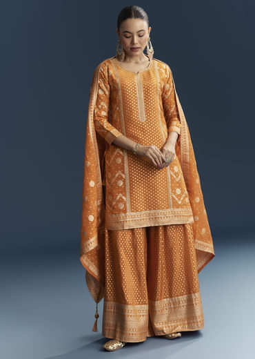 Orange Jacquard Palazzo Suit With Banarasi Jacquard Weave