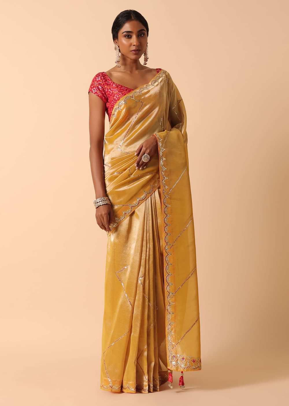 Orange Kora Silk Saree With Unstitched Blouse Fabric