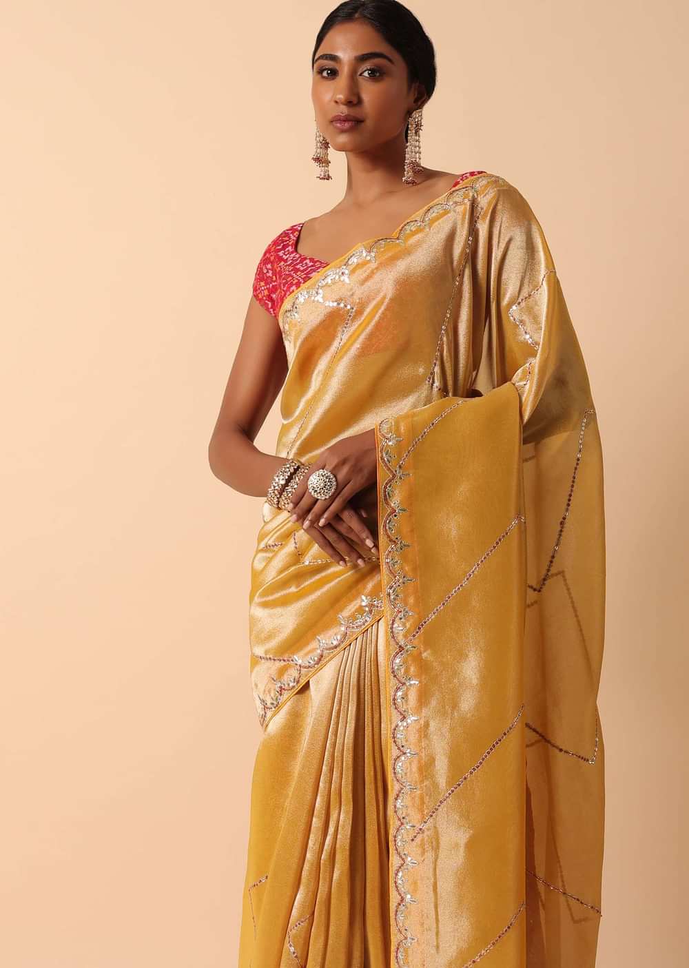 Orange Kora Silk Saree With Unstitched Blouse Fabric