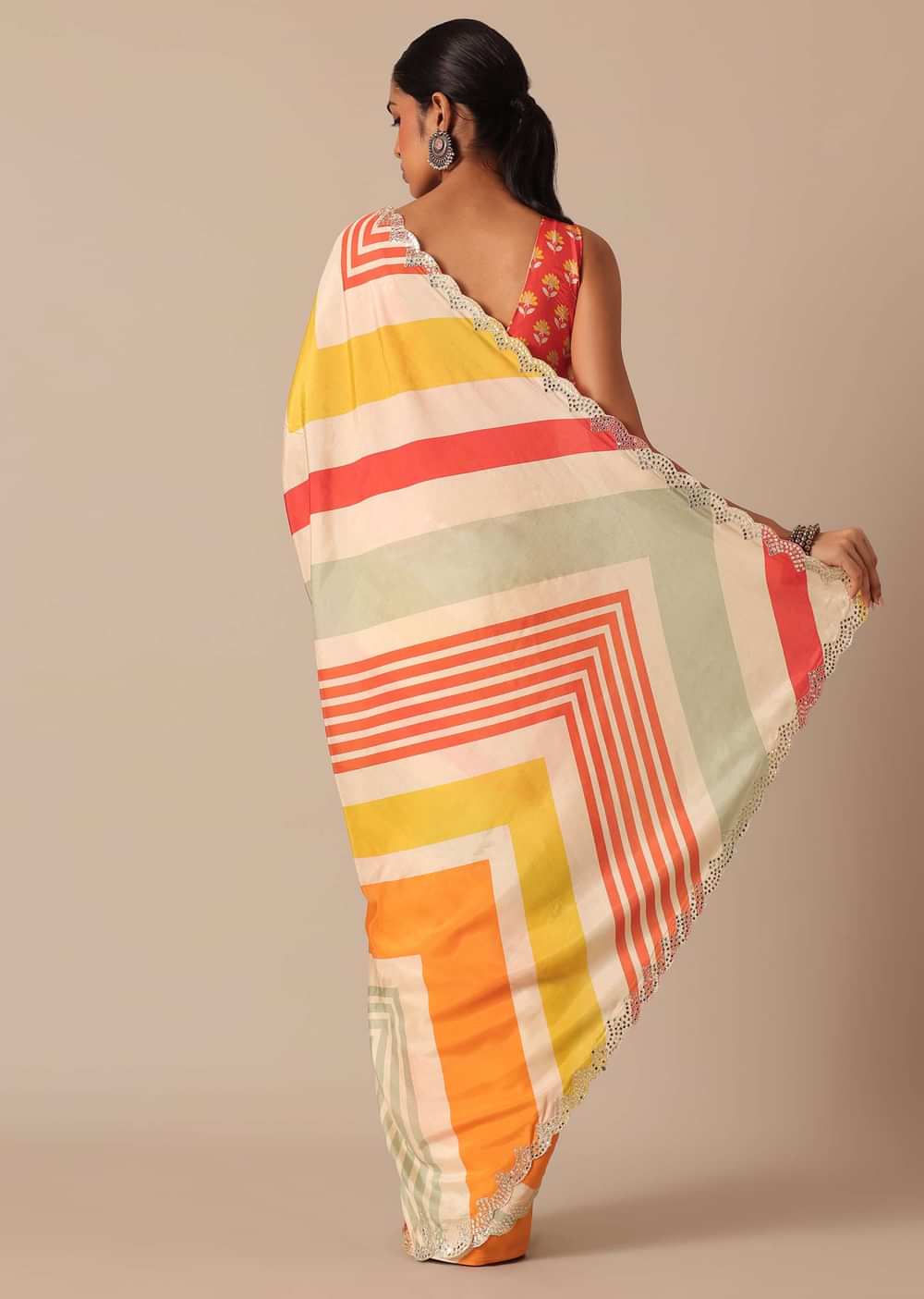 Orange Muslin Saree With Mirror Scallop Border And Unstitched Blouse Fabric