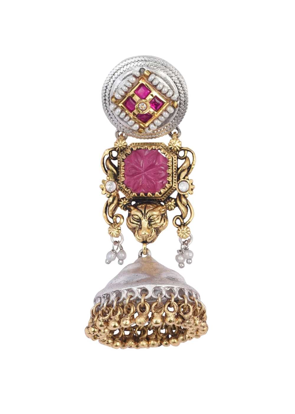 Orange Oxidsed Jhumkas With Meenakari And Bead Drops