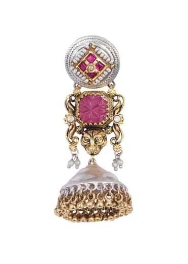 Orange Oxidsed Jhumkas With Meenakari And Bead Drops