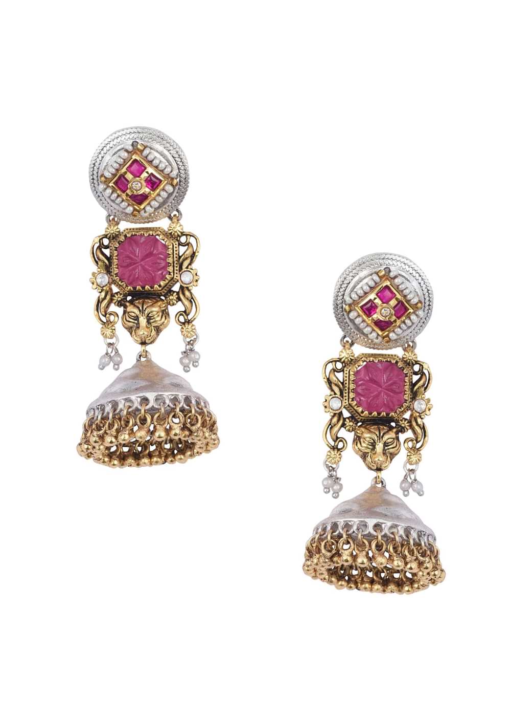 Orange Oxidsed Jhumkas With Meenakari And Bead Drops