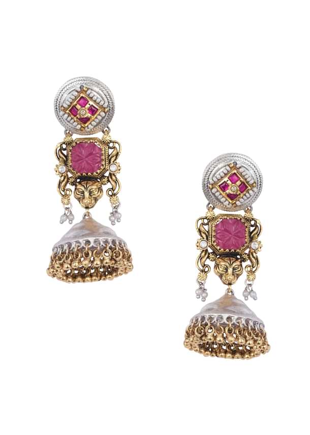 Orange Oxidsed Jhumkas With Meenakari And Bead Drops Orange Oxidsed Jhumkas With Meenakari And Bead Drops