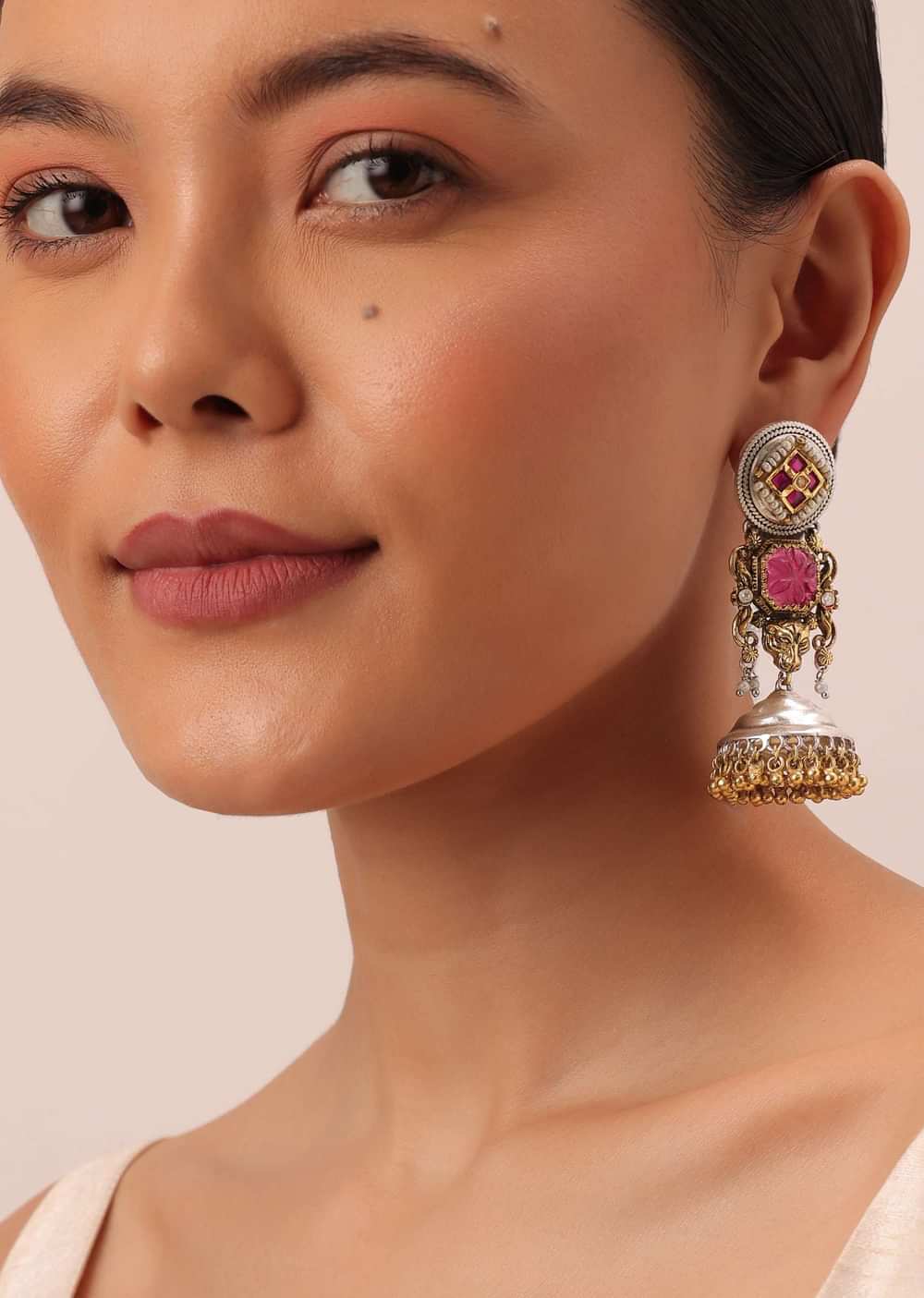 Orange Oxidsed Jhumkas With Meenakari And Bead Drops
