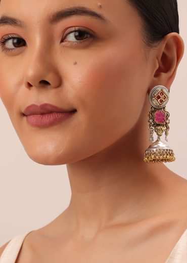 Orange Oxidsed Jhumkas With Meenakari And Bead Drops