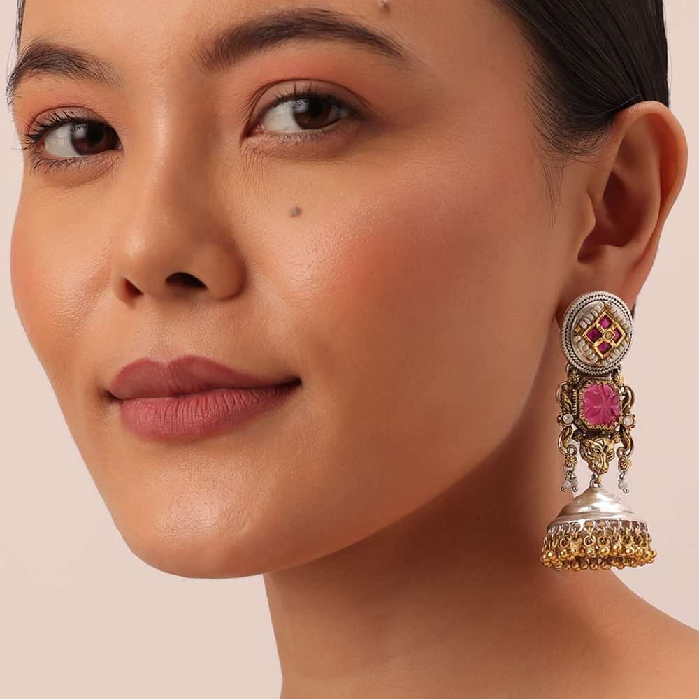 Orange Oxidsed Jhumkas With Meenakari And Bead Drops