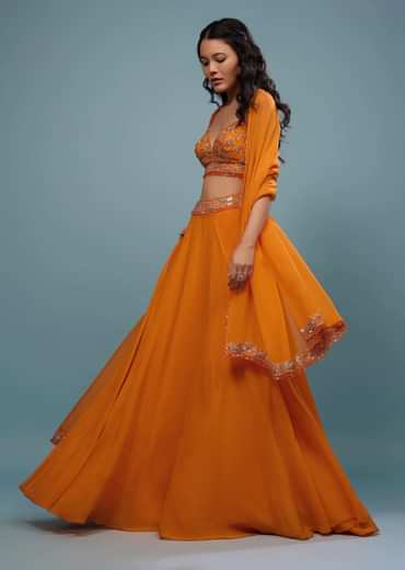 Carrot Orange Embroidered Lehenga Set In Organza