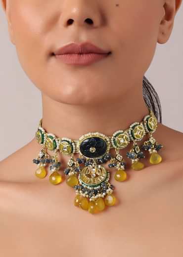 Orange Pendant Choker Set With Navy Blue Kundan Polki Studded Motif Orange Pendant Choker Set With Navy Blue Kundan Polki Studded Motif