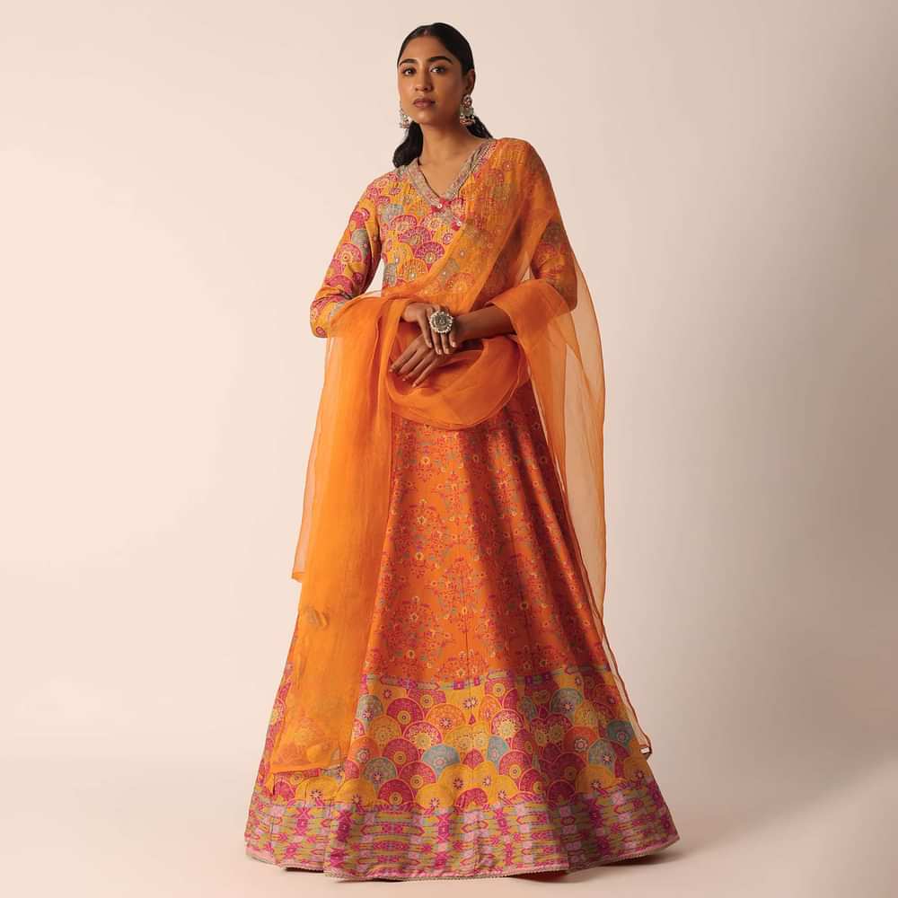 Orange Printed Anarkali Set With Sequin Embroidery