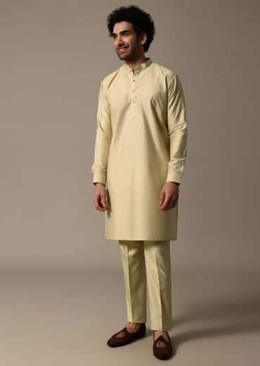 Orange Printed Jacquard Kurta Jacket Set For Men
