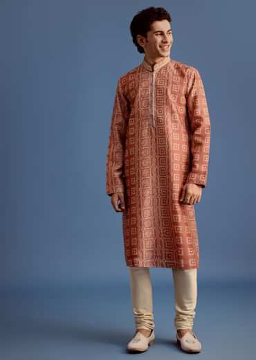 Orange Printed Silk Kurta Set For Men