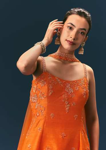 Orange Raw Silk Hand Work Kurti Sharara With Choker Dupatta