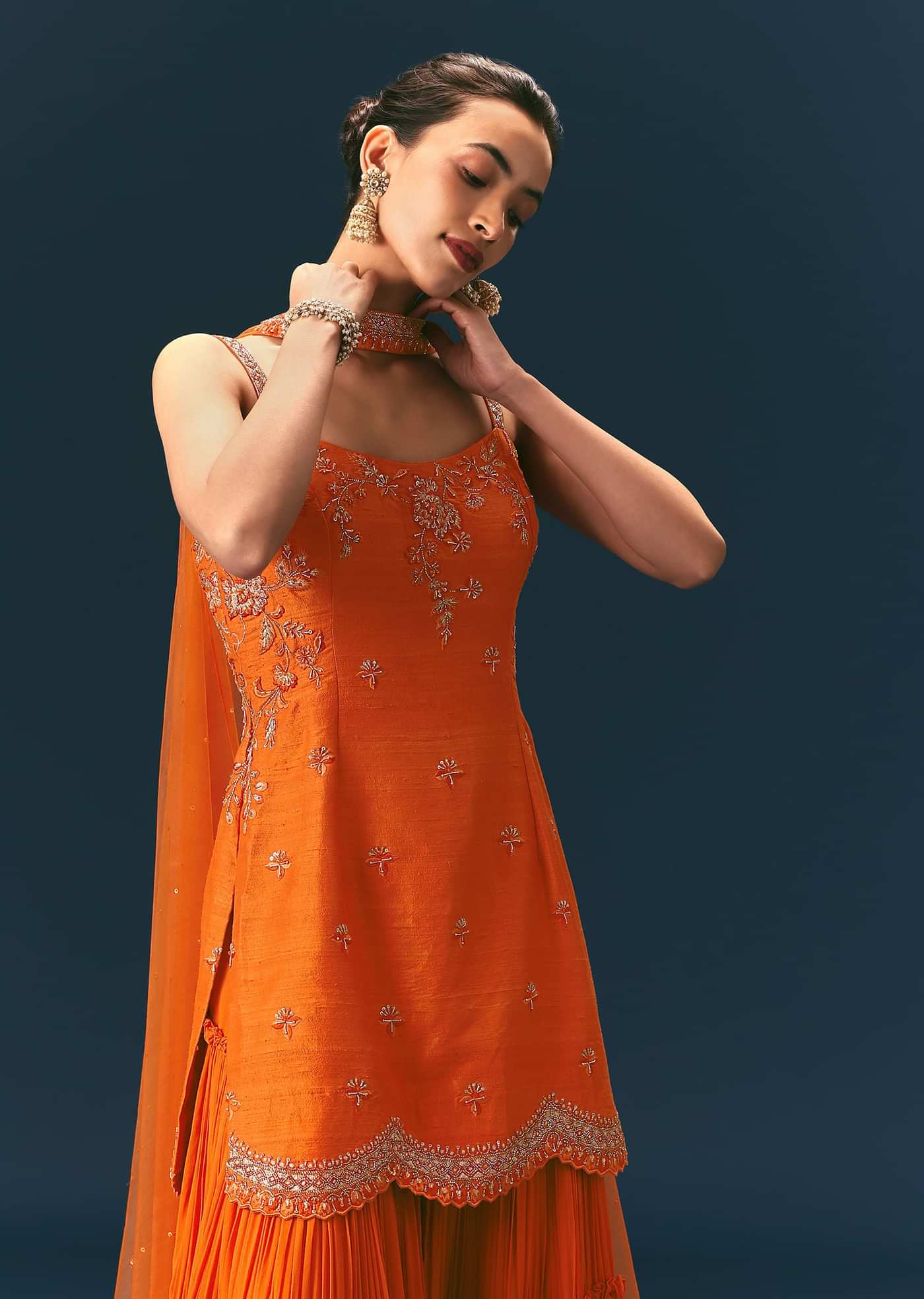 Orange Raw Silk Hand Work Kurti Sharara With Choker Dupatta