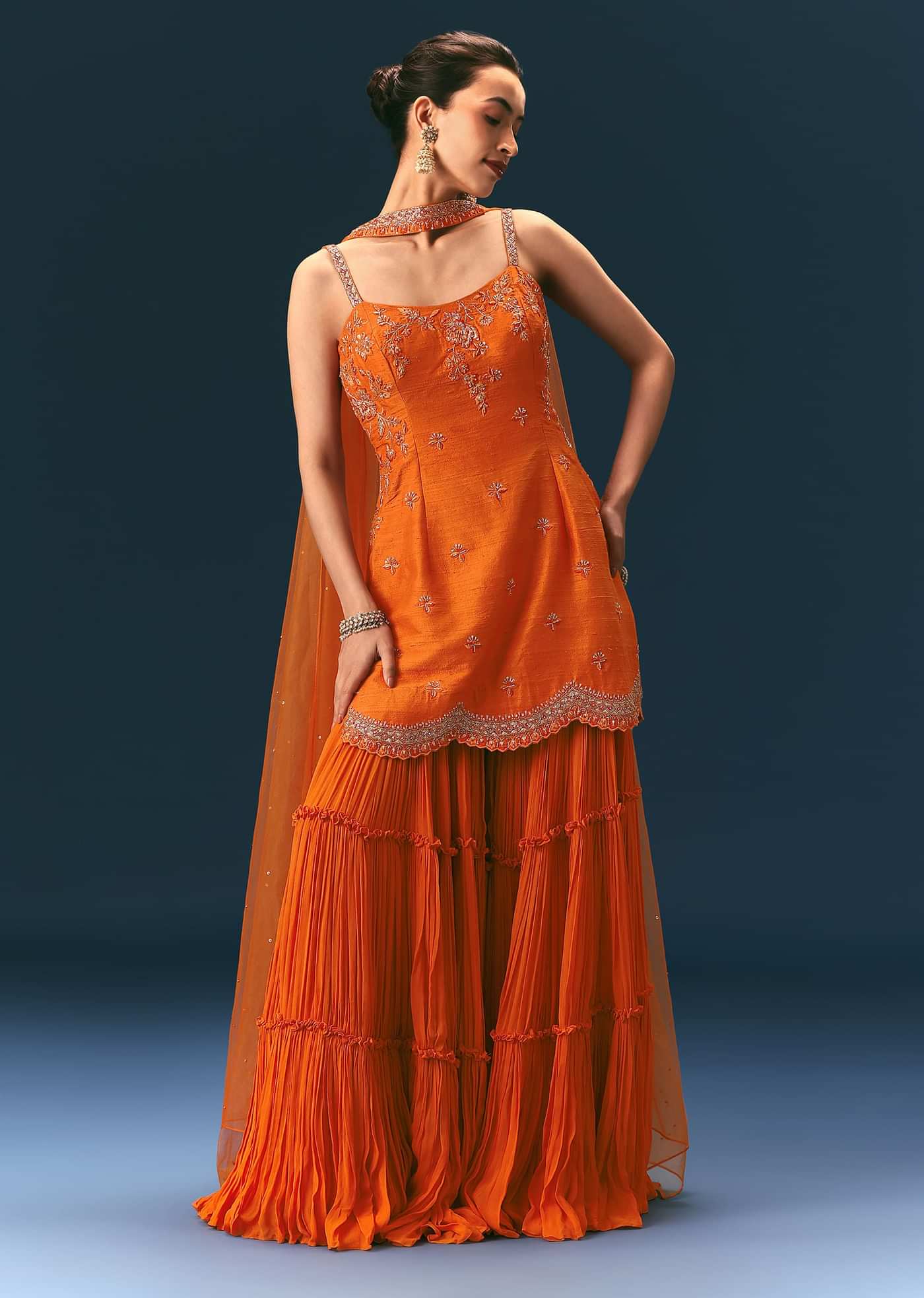 Orange Raw Silk Hand Work Kurti Sharara With Choker Dupatta