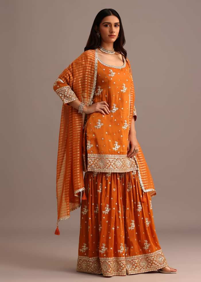 Orange Sequins Kurti Sharara Set With Chanderi Banarasi Dupatta