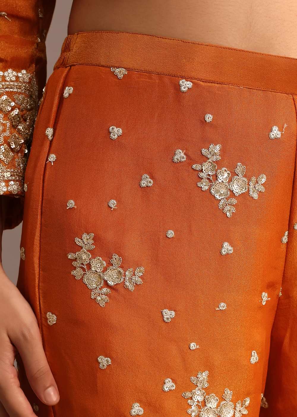 Orange Sequins Kurti Sharara Set With Chanderi Banarasi Dupatta