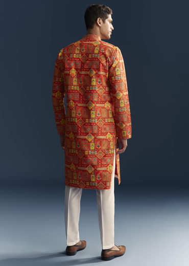 Orange Silk Kurta Set For Men With Heavy Hand Embroidery
