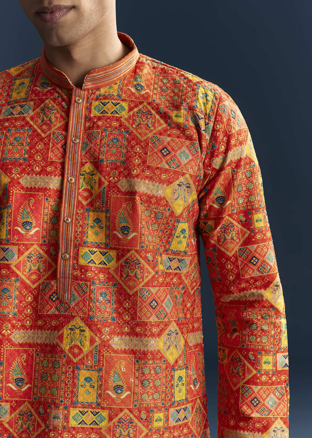 Orange Silk Kurta Set For Men With Heavy Hand Embroidery
