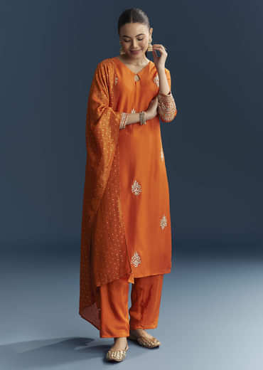 Orange Silk Kurta Set With Gotta Work