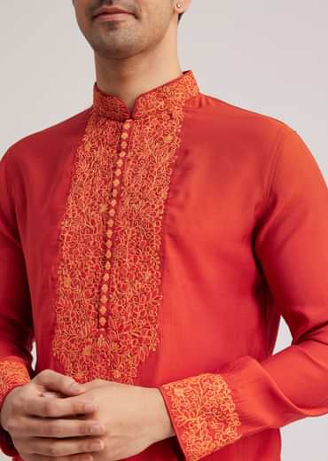 Orange Silk Poly Viscose Kurta Set With Thread Embroidery
