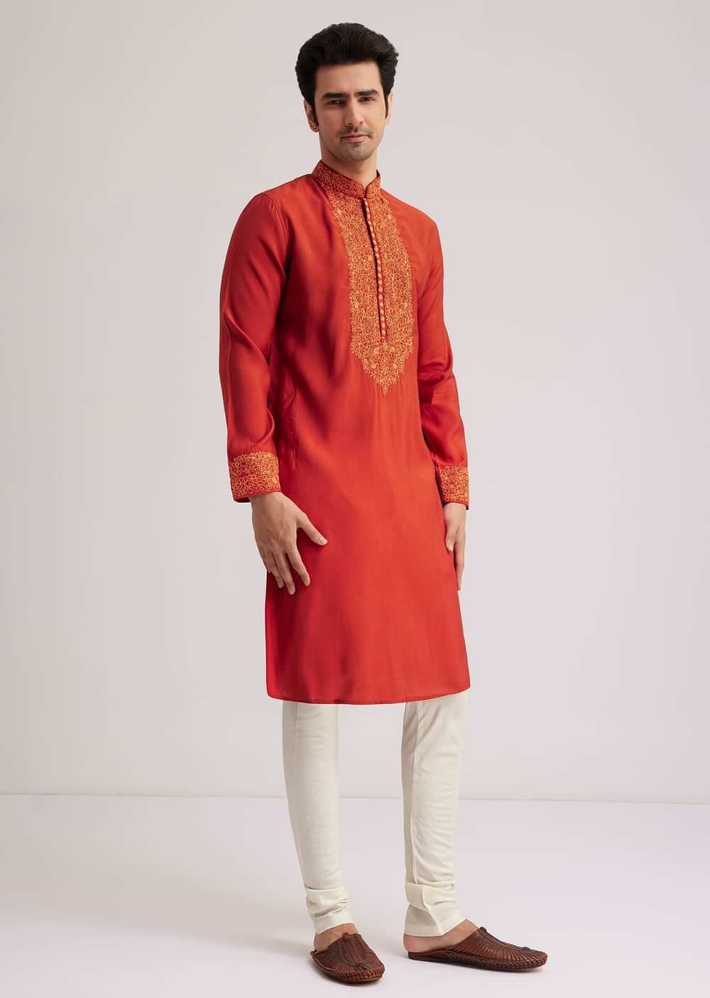 Orange Silk Poly Viscose Kurta Set With Thread Embroidery