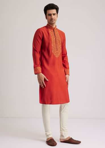 Orange Silk Poly Viscose Kurta Set With Thread Embroidery
