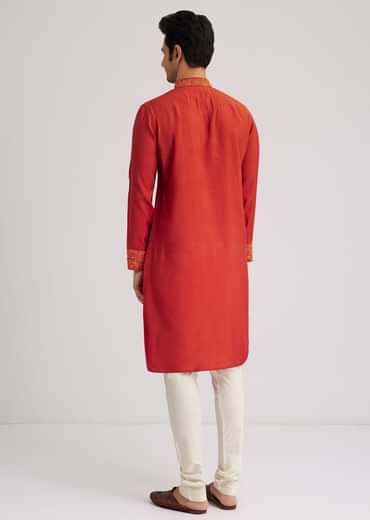 Orange Silk Poly Viscose Kurta Set With Thread Embroidery
