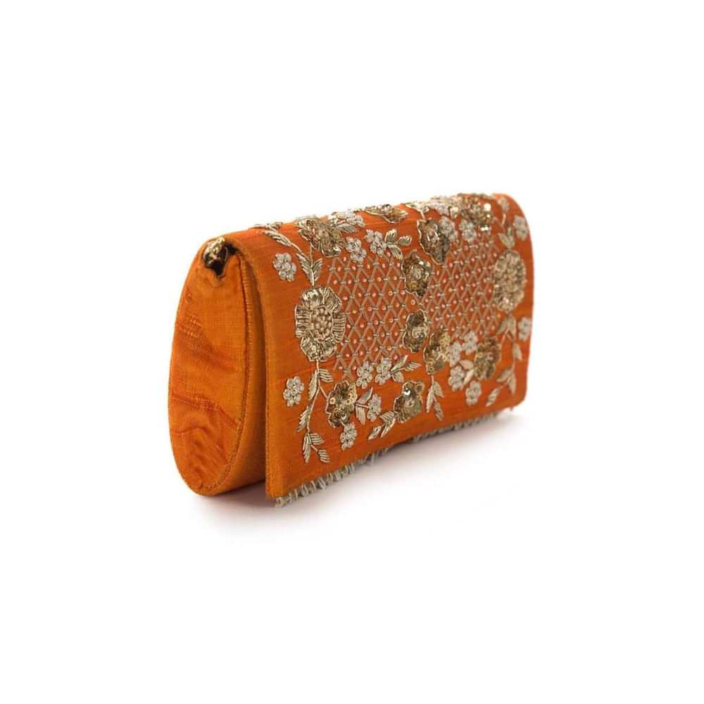 Orange sling bag embroidered in zari and sequin work only on Kalki