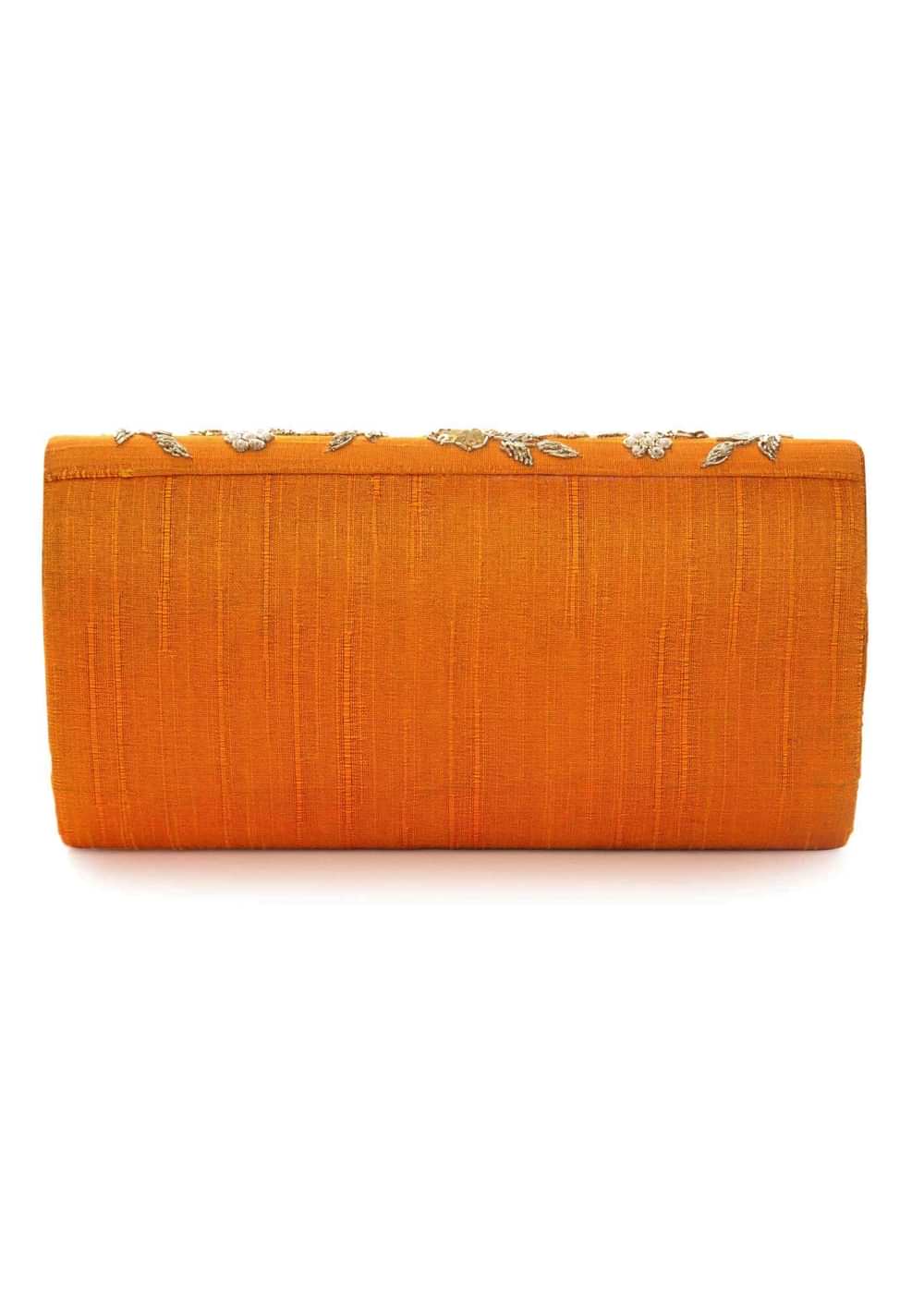 Orange sling bag embroidered in zari and sequin work only on Kalki