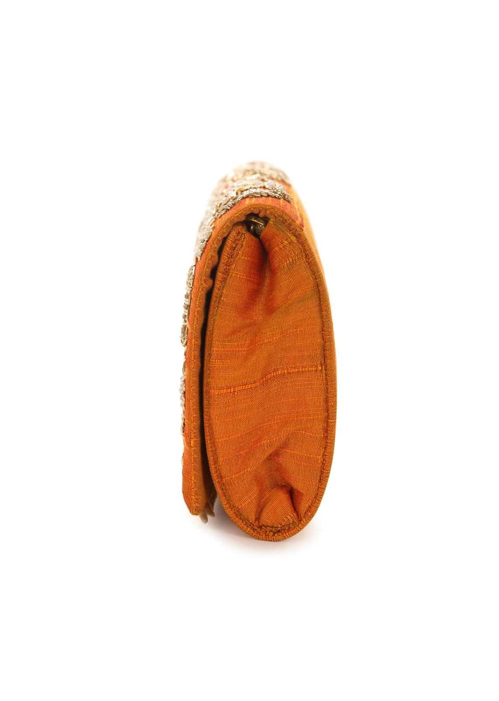 Orange sling bag embroidered in zari and sequin work only on Kalki