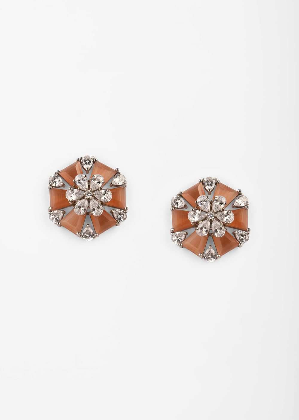 Orange Stone Studded Floral Stud Earrings With Swarovski Accents