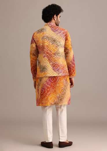 Orange Tie Dye Jacket Kurta And Jacket Set With Mirror Work