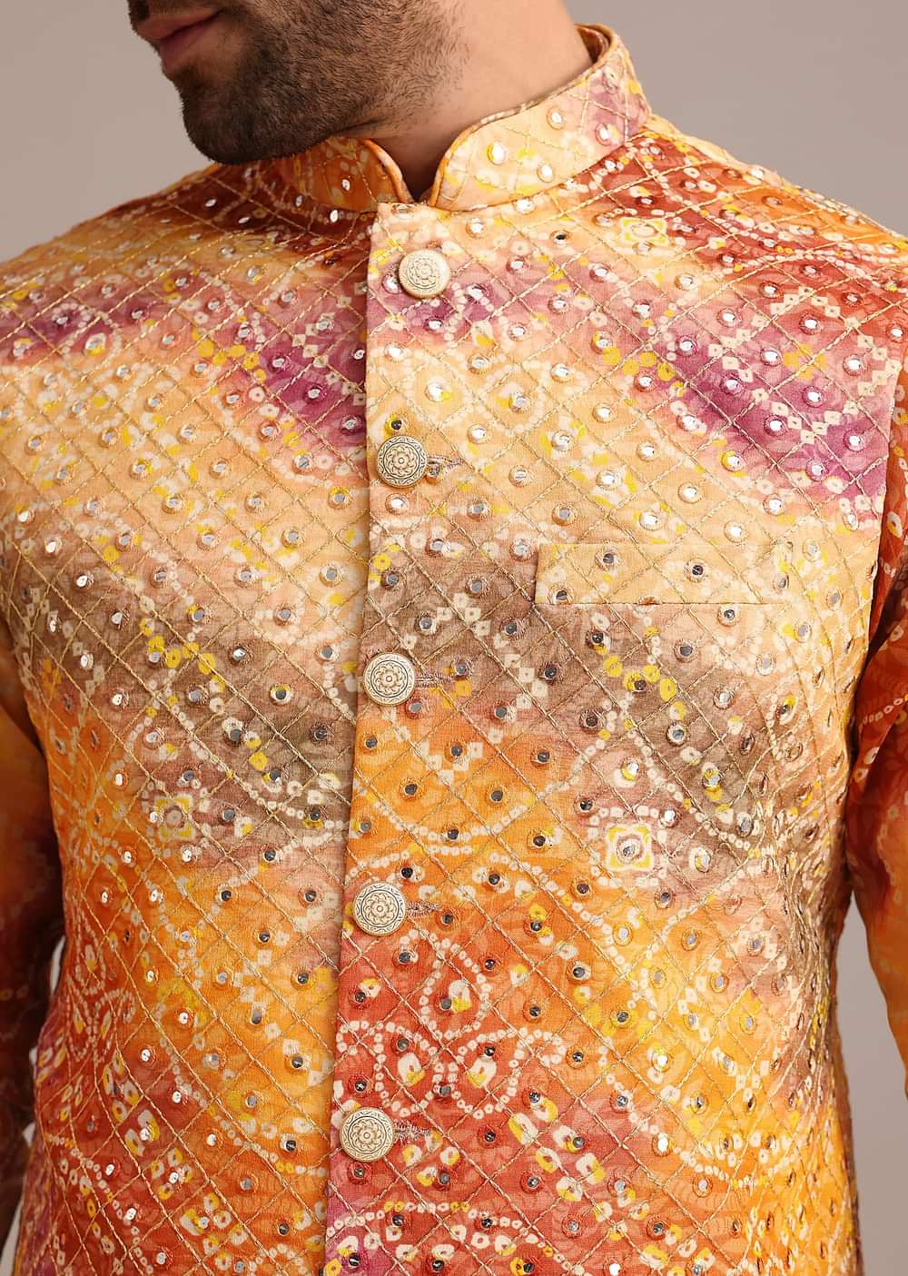 Orange Tie Dye Jacket Kurta And Jacket Set With Mirror Work