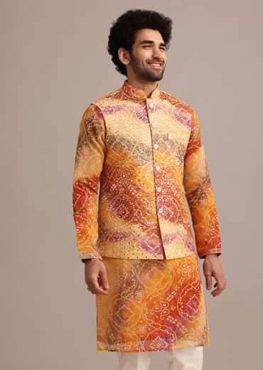 Orange Tie Dye Jacket Kurta And Jacket Set With Mirror Work