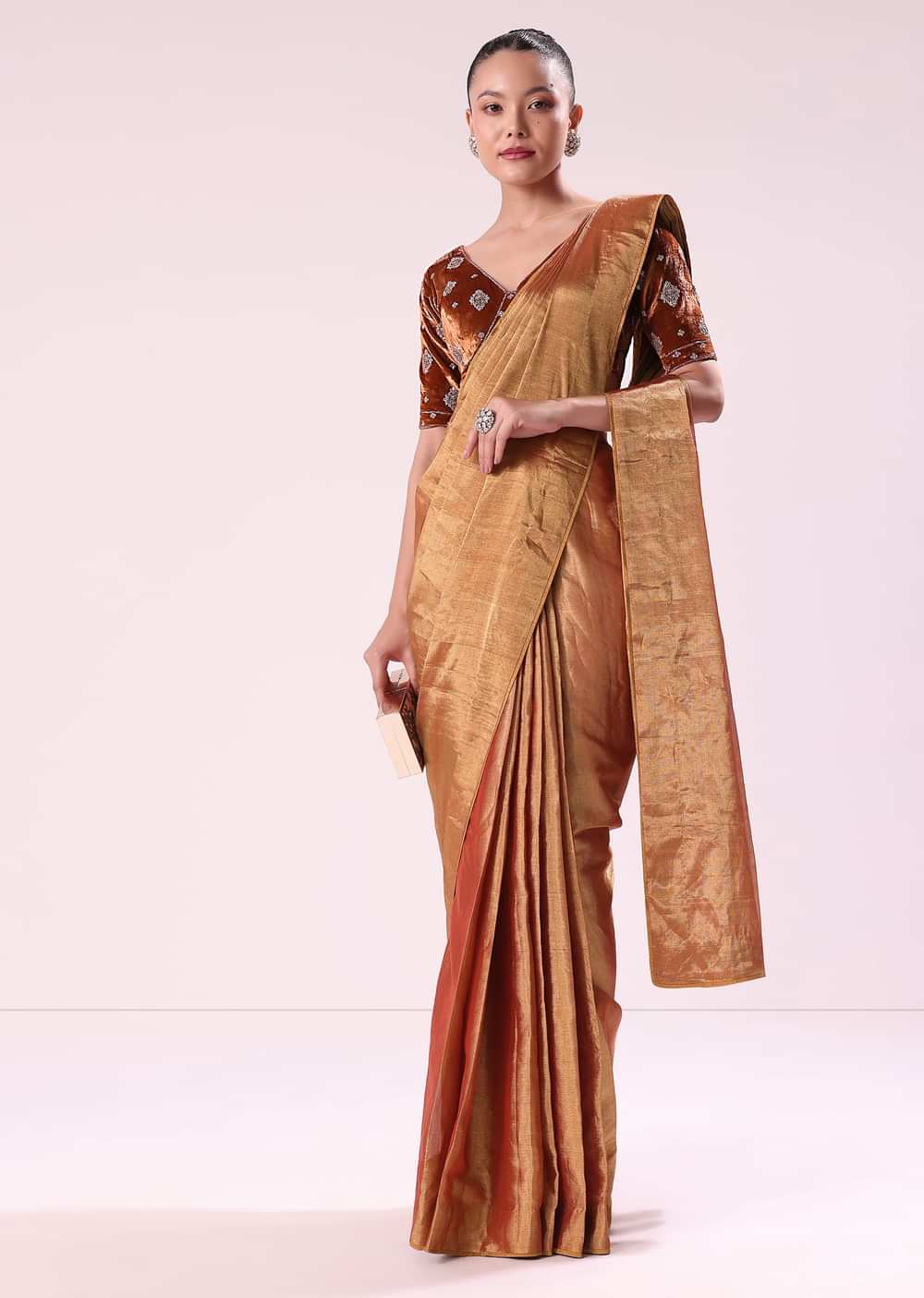 Orange Tissue Saree With Embroidered Rust Orange Stitched Blouse