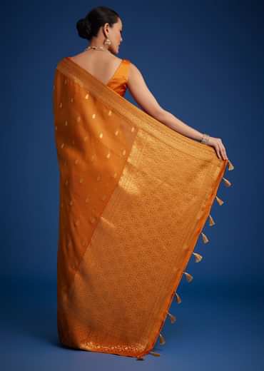 Orange Tissue Silk Saree With Zari Border And Butti Work