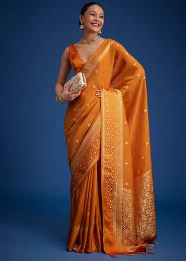Orange Tissue Silk Saree With Zari Border And Butti Work