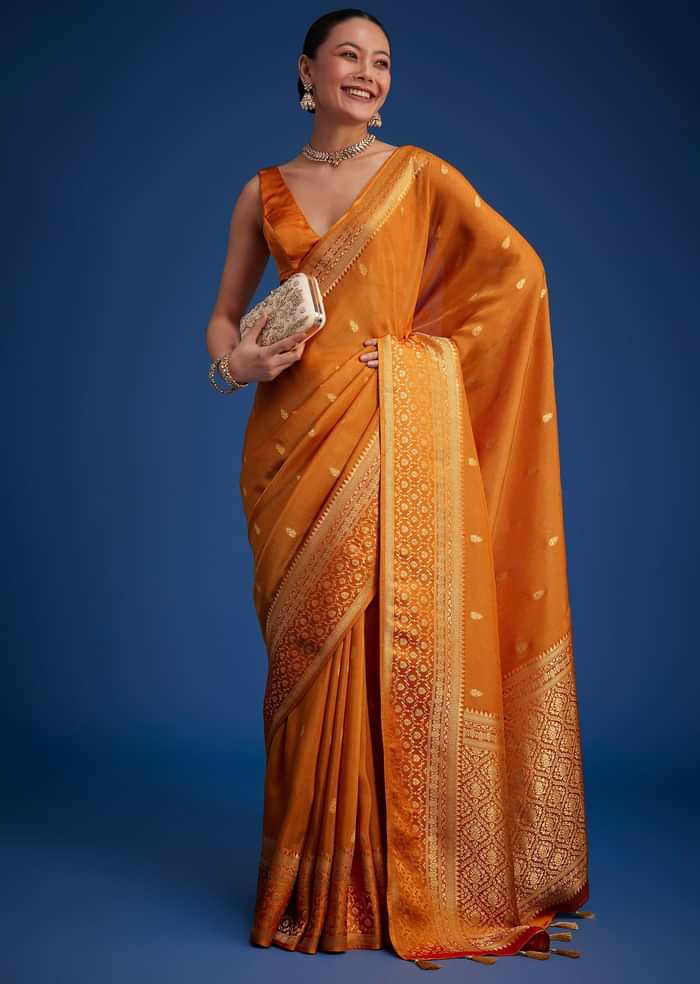 Orange Tissue Silk Saree With Zari Border And Butti Work