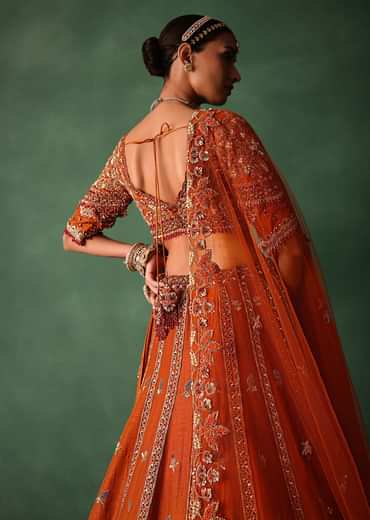 Orange Tussar Zardosi Embroidered Lehenga With Blouse And Dupatta