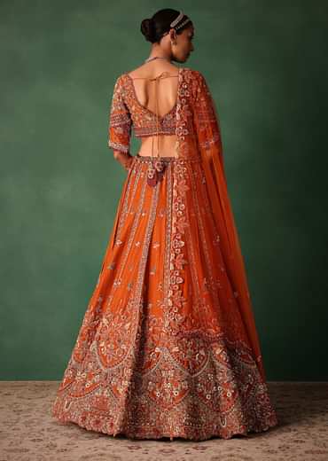 Orange Tussar Zardosi Embroidered Lehenga With Blouse And Dupatta