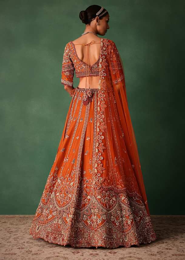 Orange Tussar Zardosi Embroidered Lehenga With Blouse And Dupatta