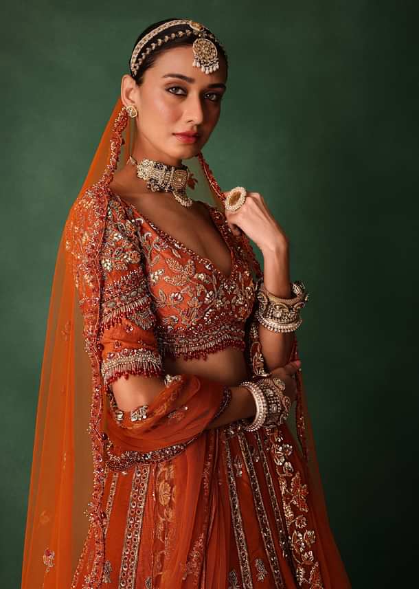 Orange Tussar Zardosi Embroidered Lehenga With Blouse And Dupatta