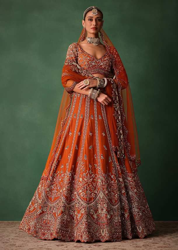 Orange Tussar Zardosi Embroidered Lehenga With Blouse And Dupatta