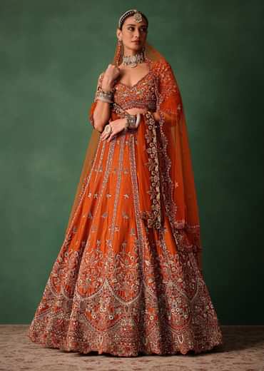 Orange Tussar Zardosi Embroidered Lehenga With Blouse And Dupatta
