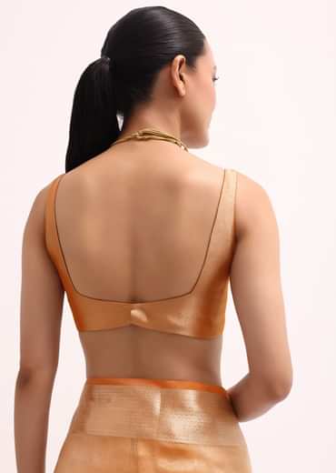 Orangish Gold Zari Chanderi Silk Saree With Unstitched Blouse