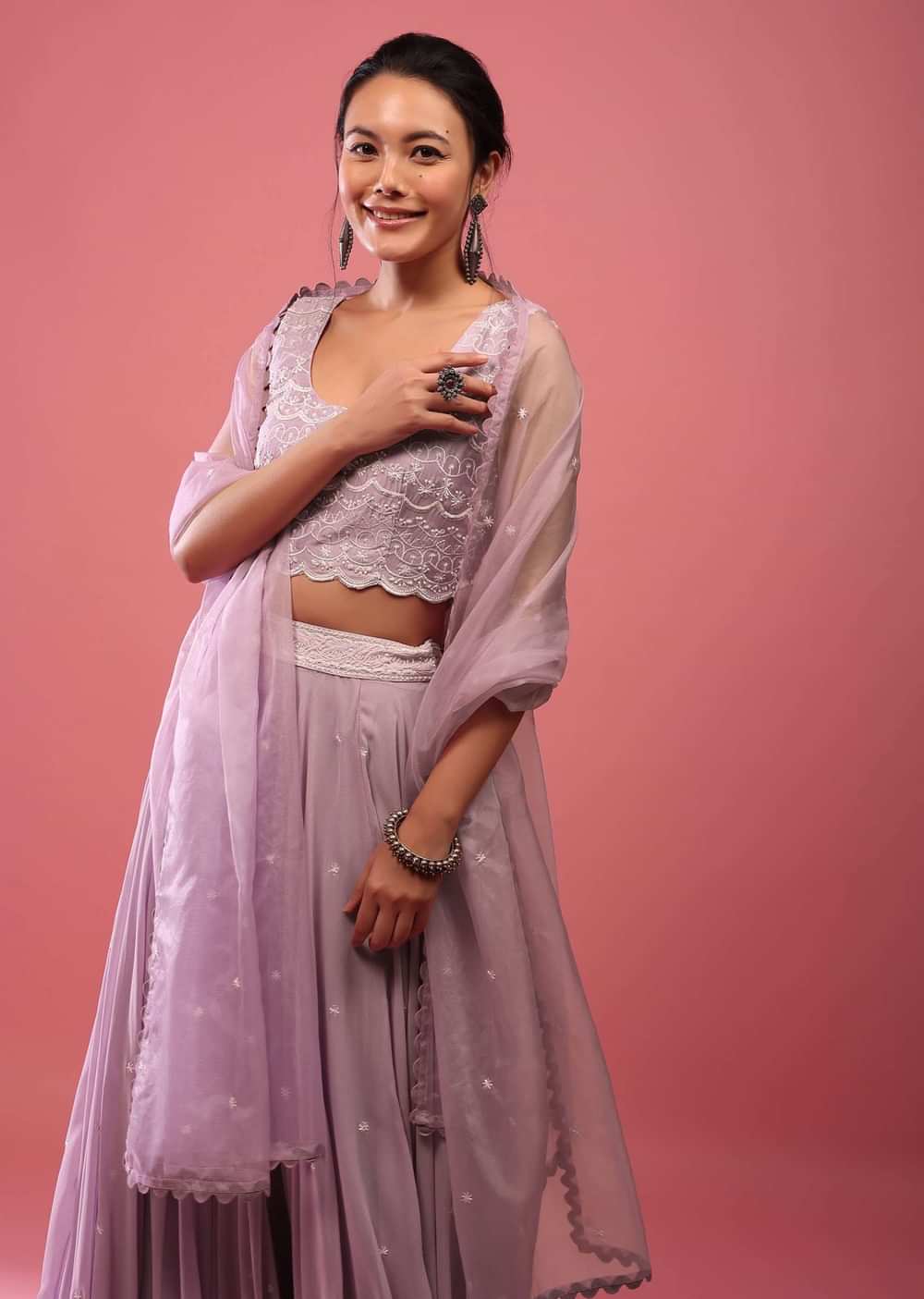 Lavender Purple Lehenga In Georgette With Fully Embroidered Blouse And Organza Dupatta