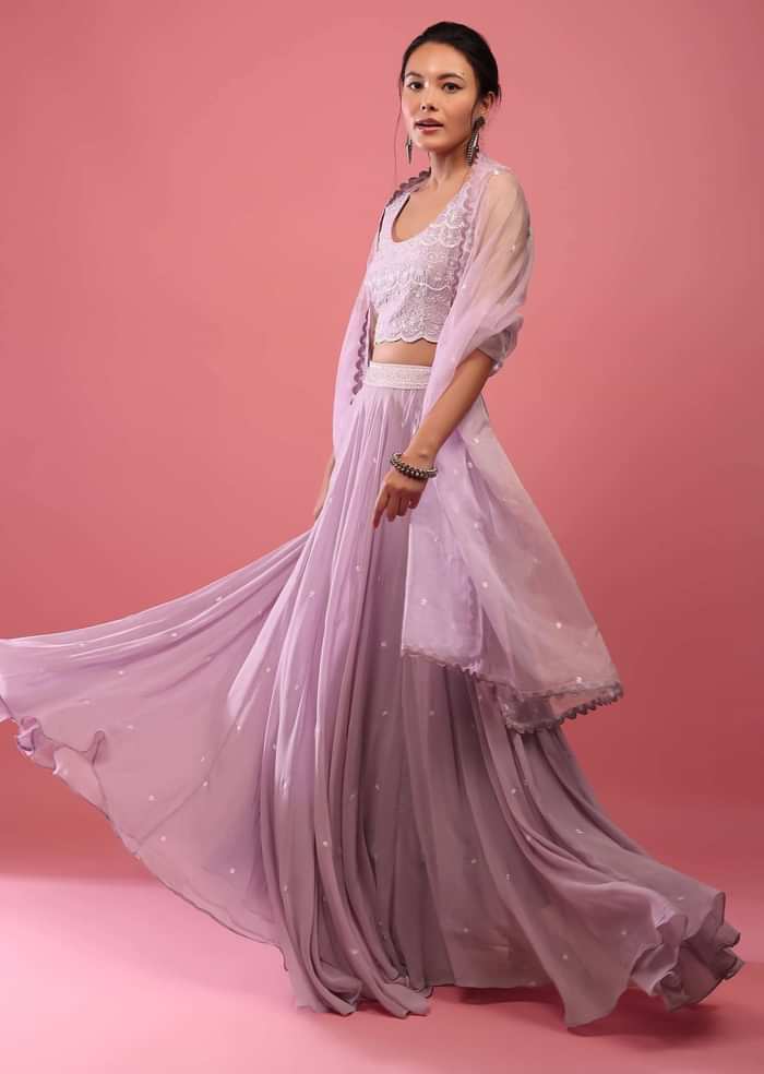 Lavender Purple Lehenga In Georgette With Fully Embroidered Blouse And Organza Dupatta